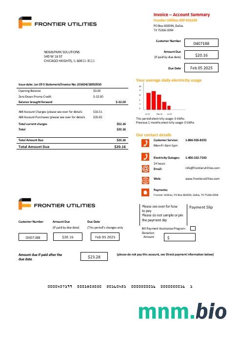 USA Texas Frontier Utilities rachunek za usługi komunalne szablon w formacie Word i PDF